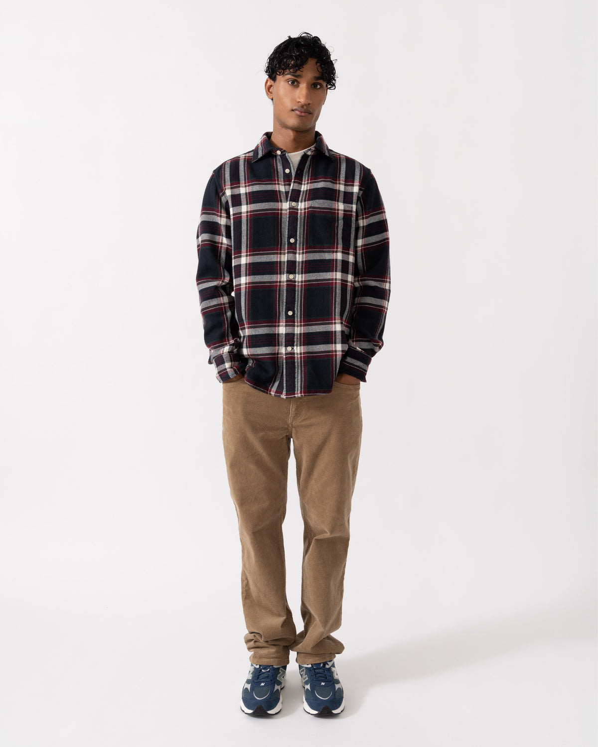 Model wearing the GANT Mens Regular Fit Flannel Check Shirt - 433 Evening Blue