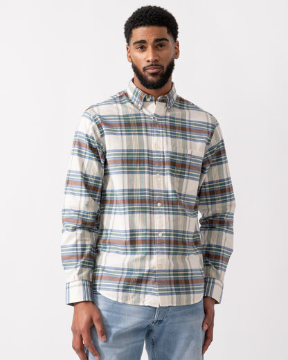 model wearing a GANT Mens Regular Fit Oxford Check Shirt in Woody Green