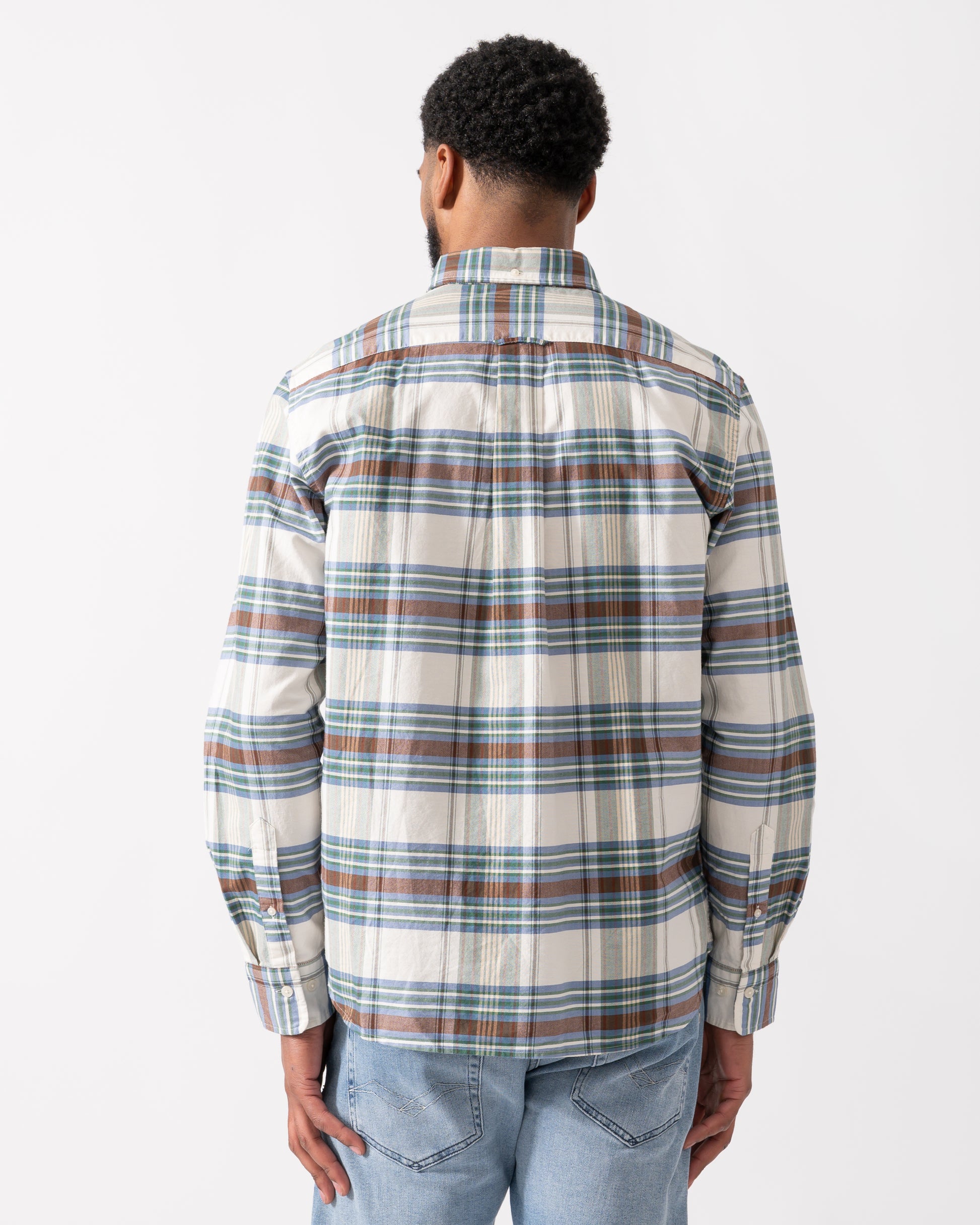 back shot of a model wearing a GANT Mens Regular Fit Oxford Check Shirt in Woody Green