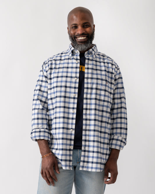 Model wearing a GANT Mens Regular Fit Oxford Check Shirt in Faded Denim