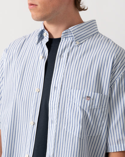 detail of a GANT Mens Regular Fit Poplin Stripe Short Sleeve Shirt in 457 Fresh Blue