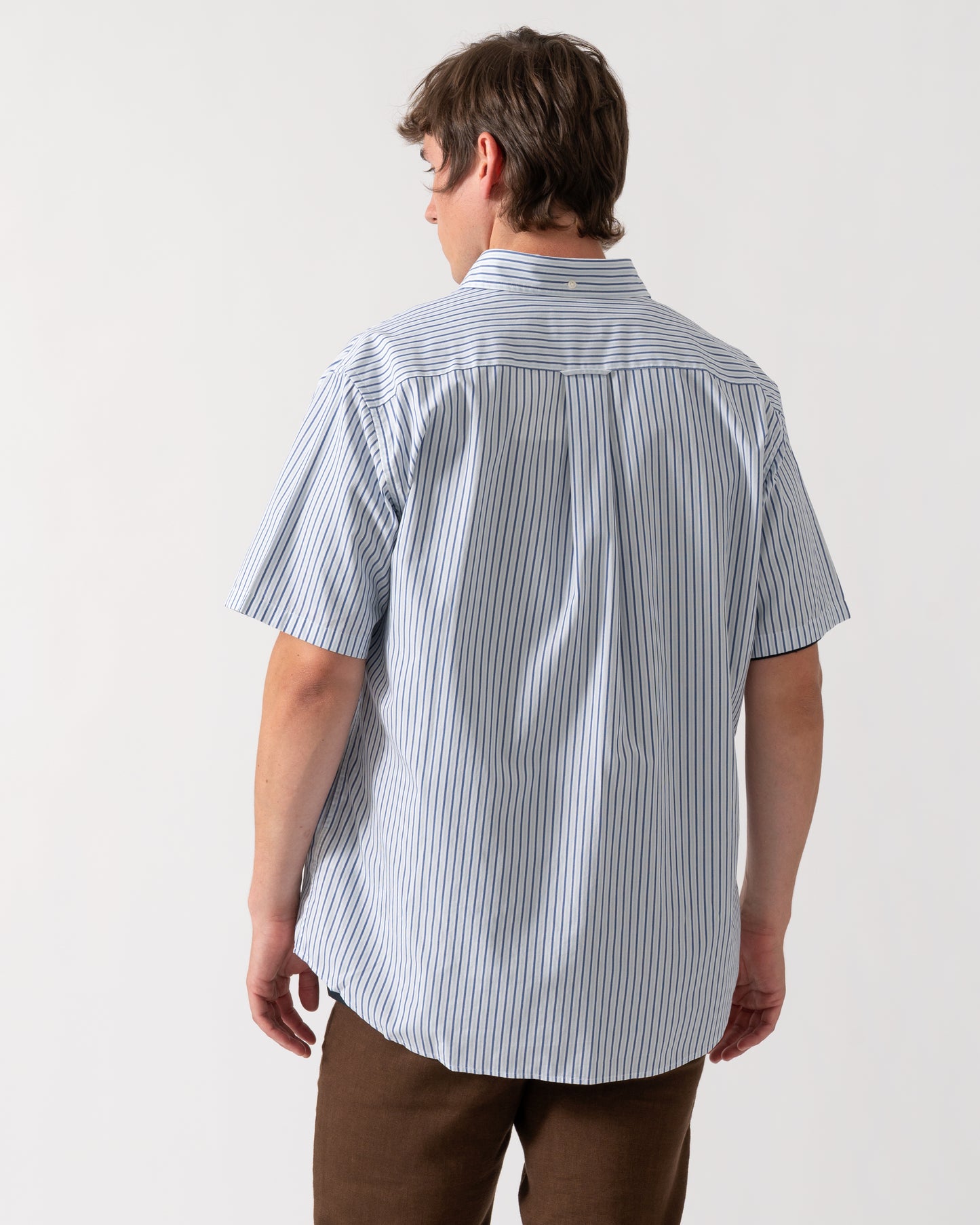 back a GANT Mens Regular Fit Poplin Stripe Short Sleeve Shirt in 457 Fresh Blue