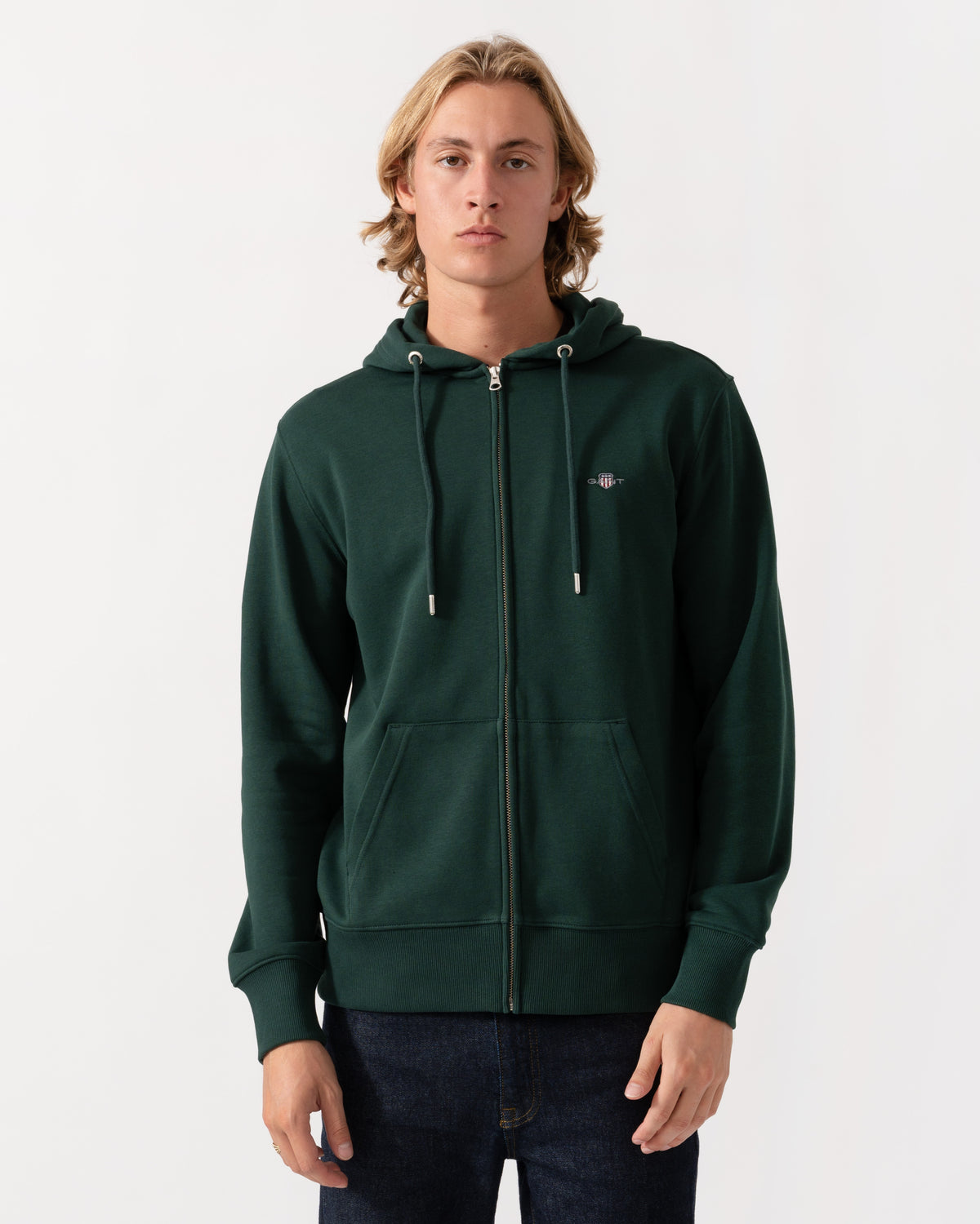 Front of the GANT Mens Regular Fit Shield Logo Full Zip Hoodie - 374 Tartan Green