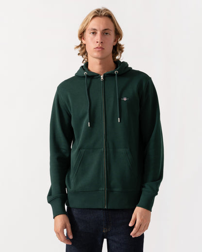 Front of the GANT Mens Regular Fit Shield Logo Full Zip Hoodie - 374 Tartan Green