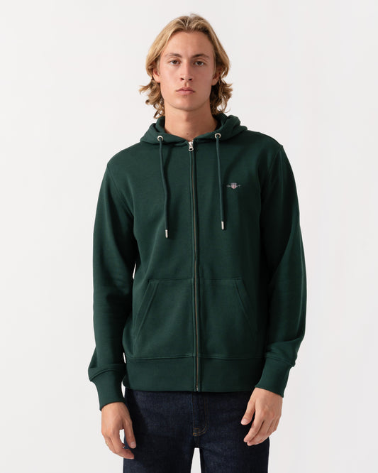 Front of the GANT Mens Regular Fit Shield Logo Full Zip Hoodie - 374 Tartan Green