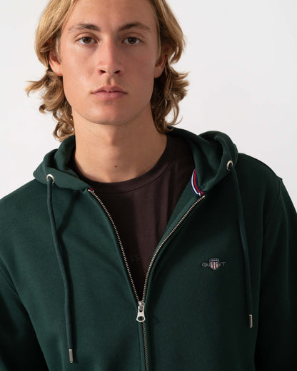 Close up on the GANT Mens Regular Fit Shield Logo Full Zip Hoodie - 374 Tartan Green