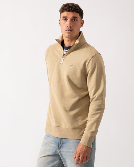 GANT Mens Regular Fit Shield Logo Half Zip Sweatshirt - 224 Woody Beige
