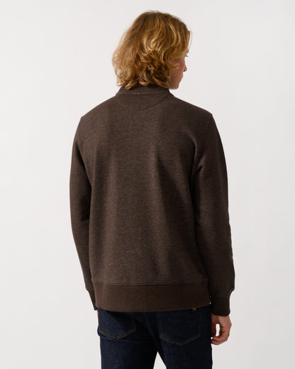 back of a model wearing a GANT Mens Regular Fit Shield Logo Half Zip Sweatshirt in 284 Black Brown Melange