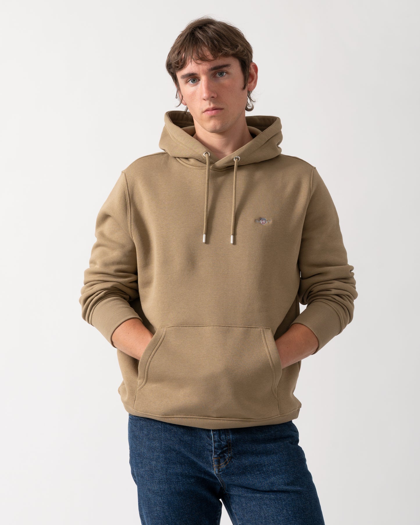 GANT Mens Regular Fit Shield Logo Pullover Hoodie - 264 Light Taupe | CHO | Designer Mens Hoodies - 264 Light Taupe - M - 7325708930767