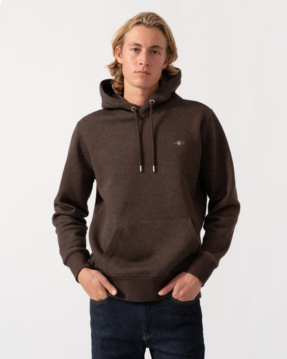 Front of the GANT Mens Regular Fit Shield Logo Pullover Hoodie - 284 Black Brown Melange