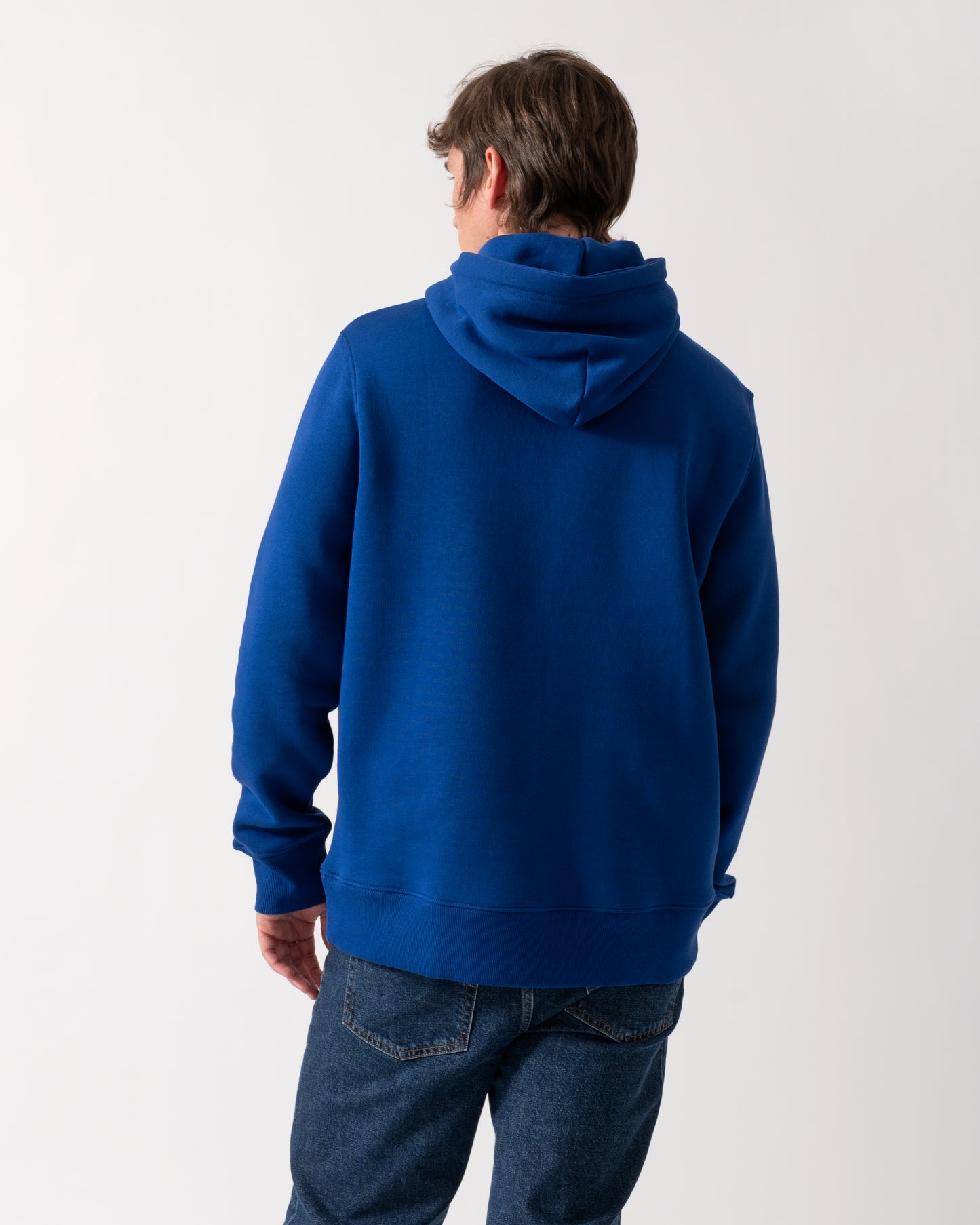 back shot of a model wearing a GANT Mens Regular Fit Shield Logo Pullover Hoodie in 435 Crisp Blue