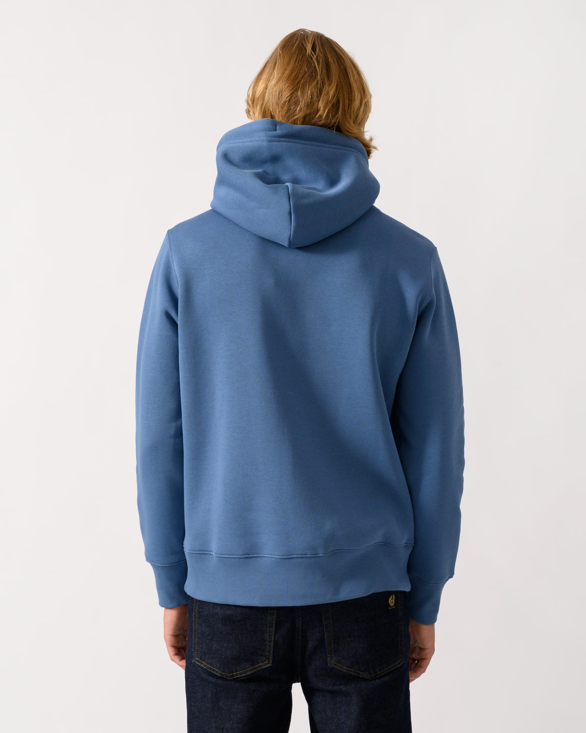 back of a model wearing a GANT Mens Regular Fit Shield Logo Pullover Hoodie in 476 Blue Horizon