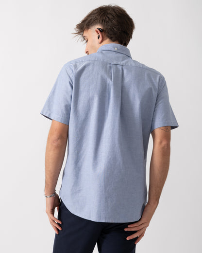 back shot of a Model wearing a GANT Mens Regular Fit Short Sleeve Oxford Shirt in College Blue