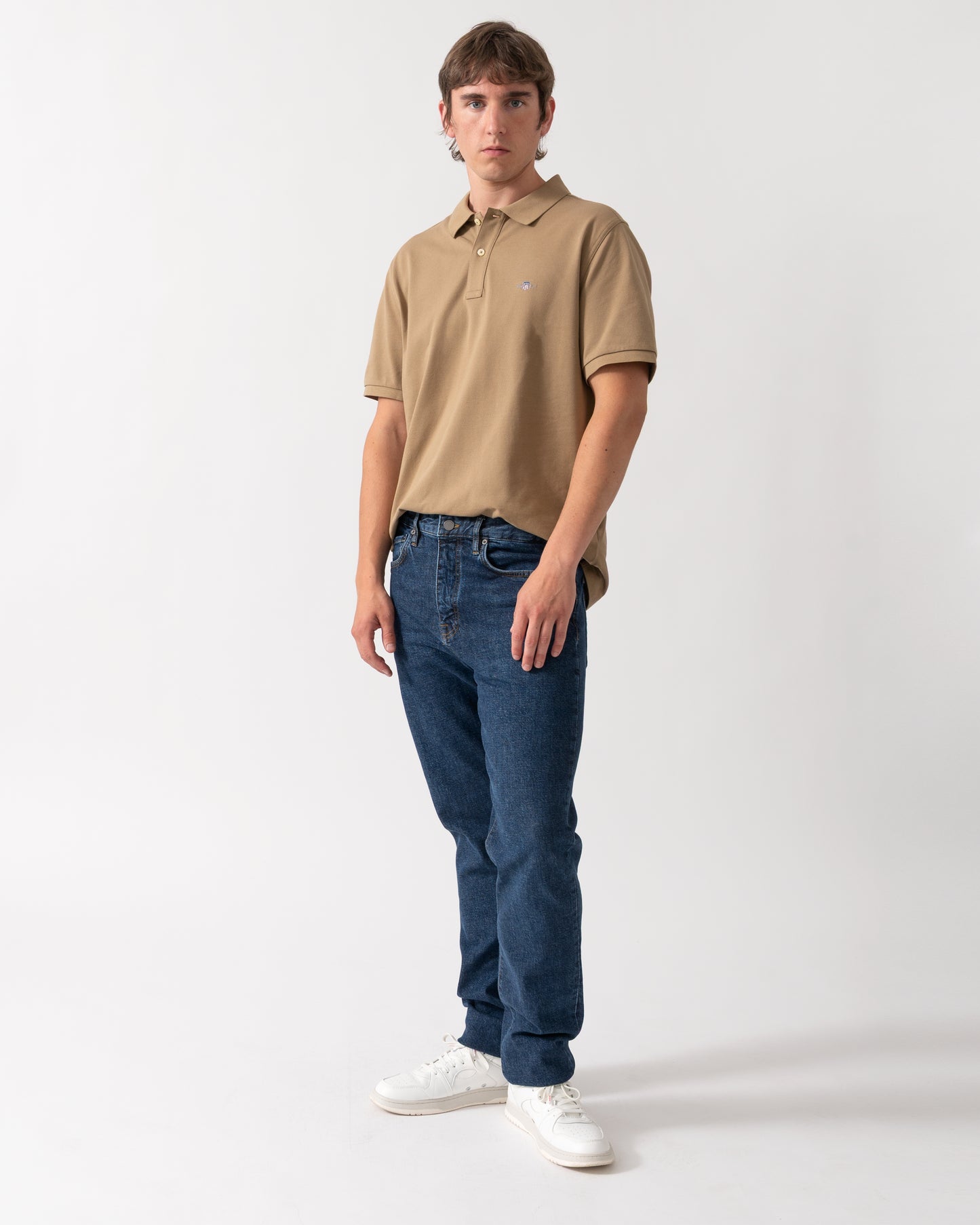 full length of GANT Mens Regular Fit Short Sleeve Shield Logo Pique Polo in 264 Light Taupe