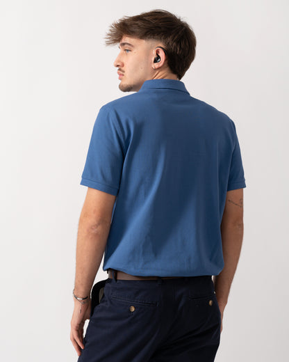 back shot of a Model wearing a GANT Mens Regular Fit Short Sleeve Shield Logo Pique Polo in Vintage Blue