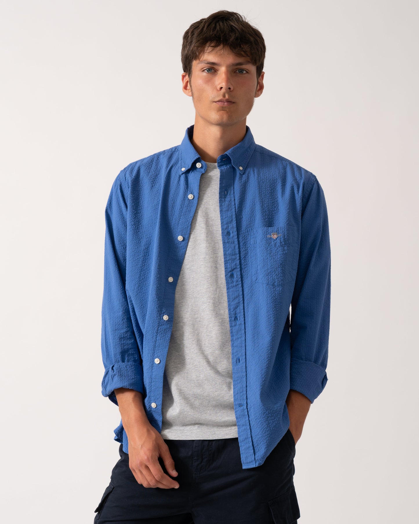 GANT Mens Regular Fit Solid Seersucker Shirt - 407 Rich Blue