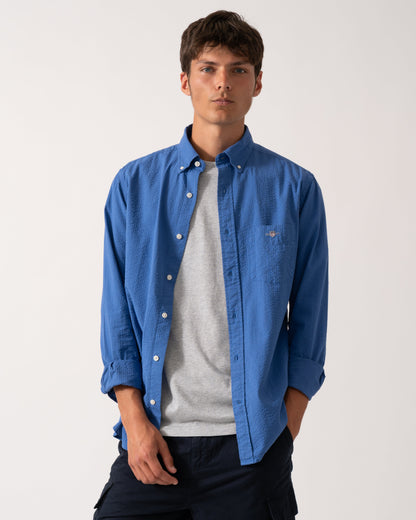 GANT Mens Regular Fit Solid Seersucker Shirt - 407 Rich Blue
