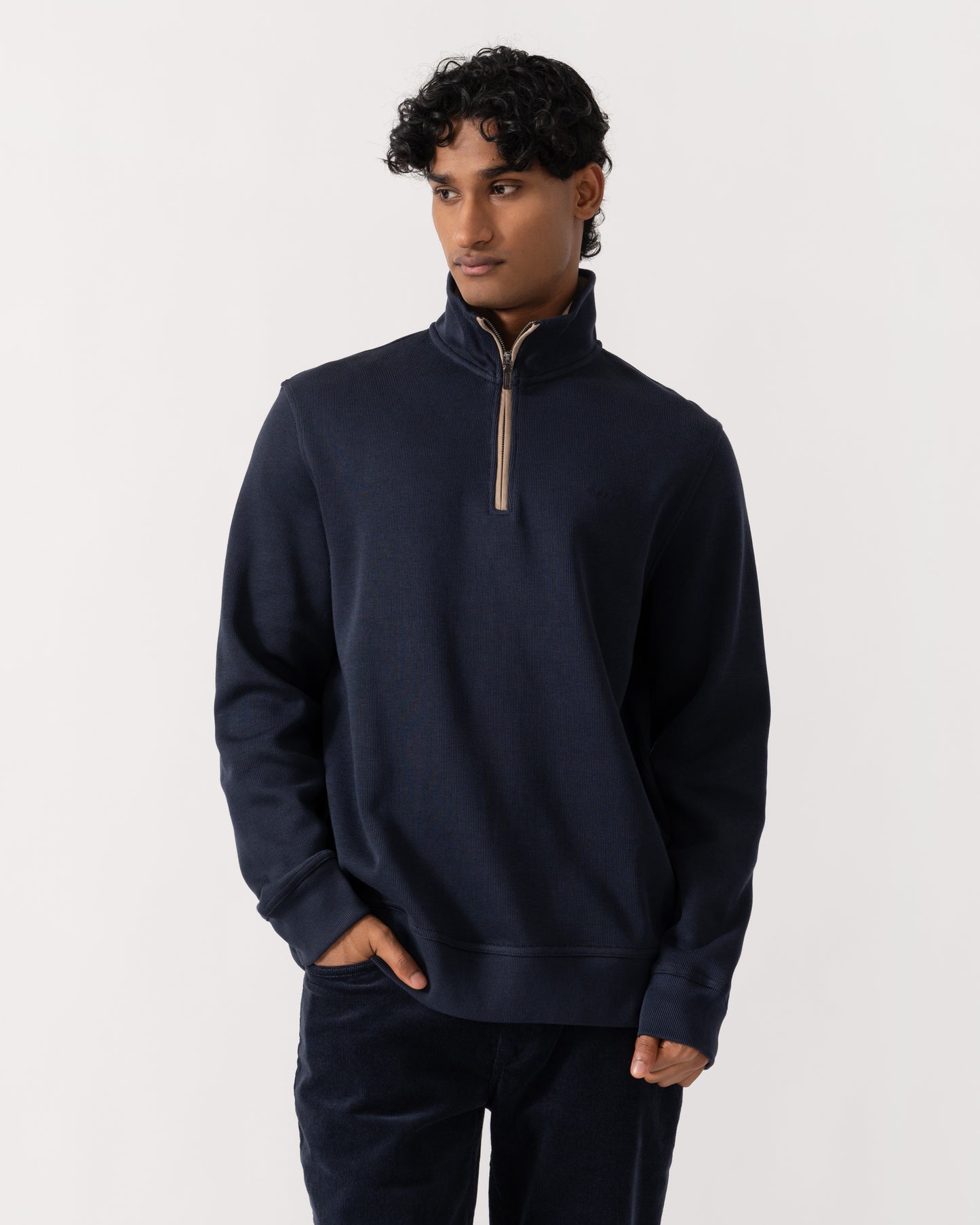 front of GANT Mens Sacker Rib Half Zip Sweatshirt - 433 Evening Blue