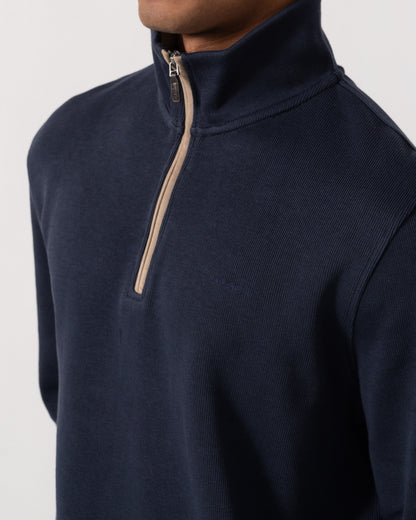 Collar detail of GANT Mens Sacker Rib Half Zip Sweatshirt - 433 Evening Blue