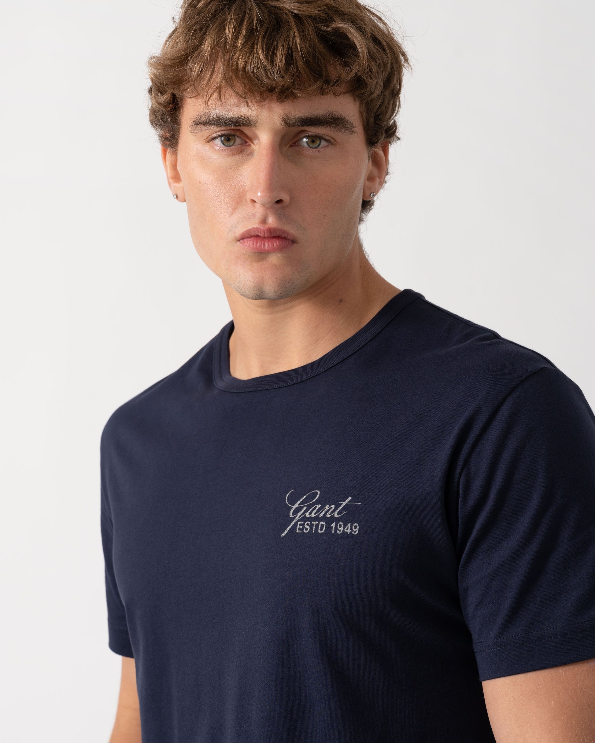 Close up of GANT Mens Short Sleeve Small Graphic Logo T-Shirt - 433 Evening Blue