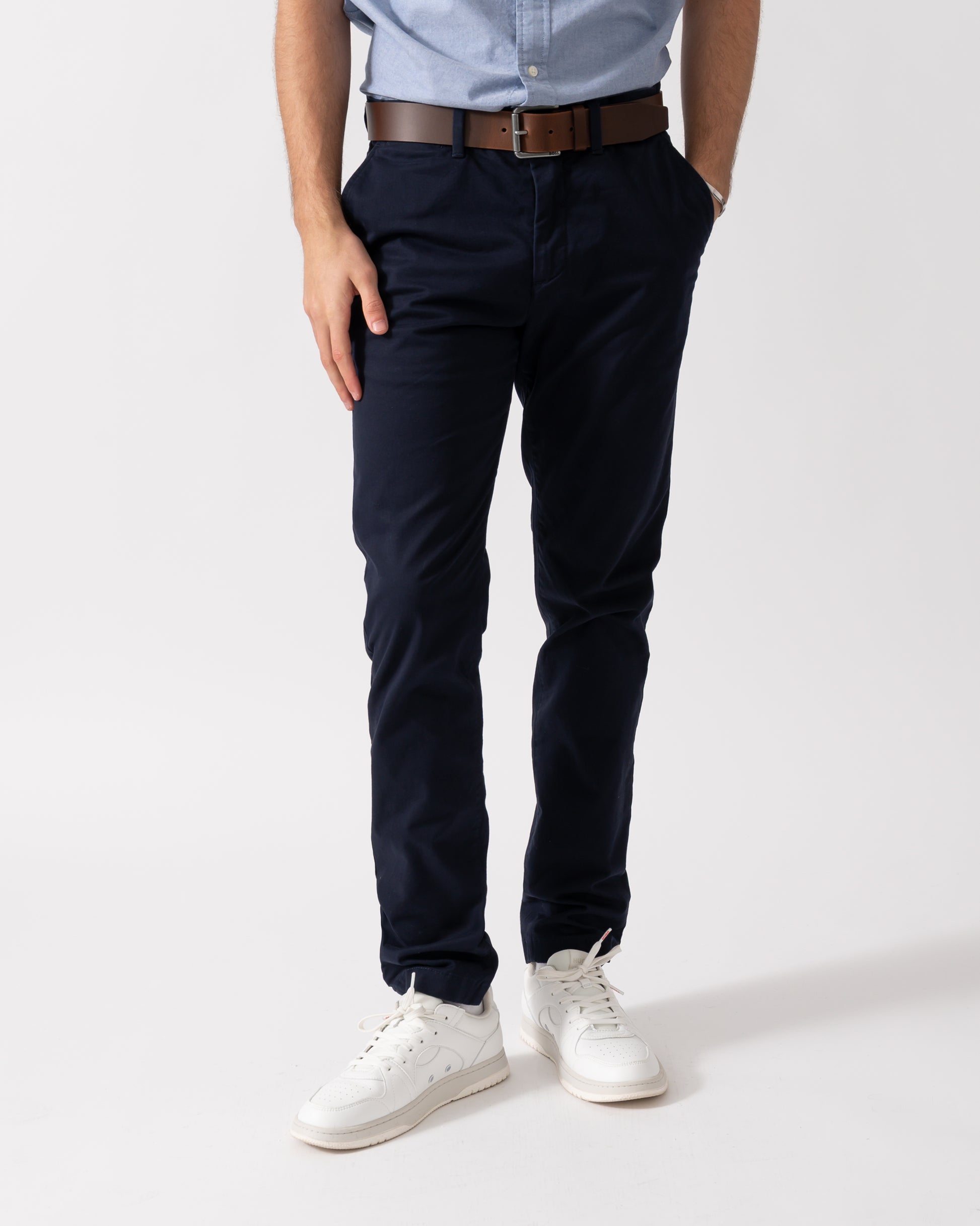 Model wearing GANT Mens Slim Fit Classic Chinos in Evening Blue