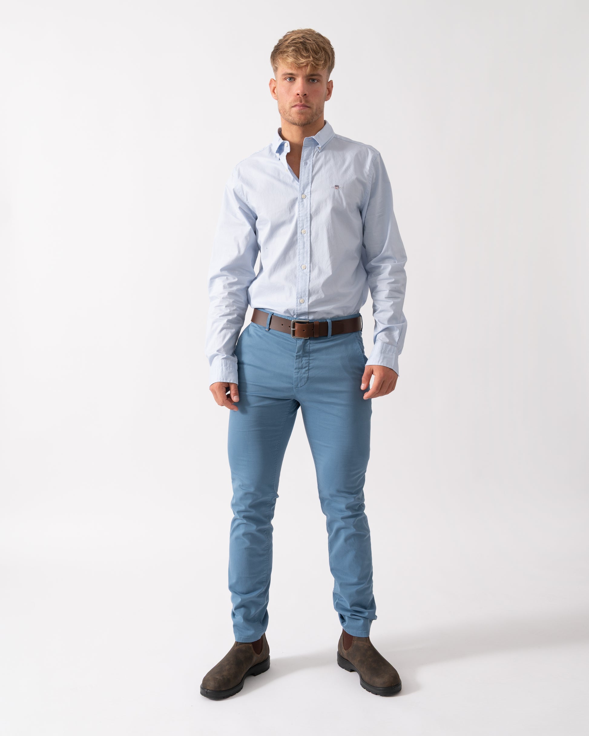 GANT Mens Slim Fit Long Sleeve Poplin Shirt - 455 Light Blue - CHO - Designer Mens Long Sleeve Shirts