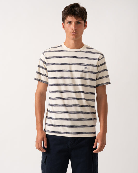 GANT Mens Striped Crew Neck Short Sleeve T-Shirt - 130 Cream