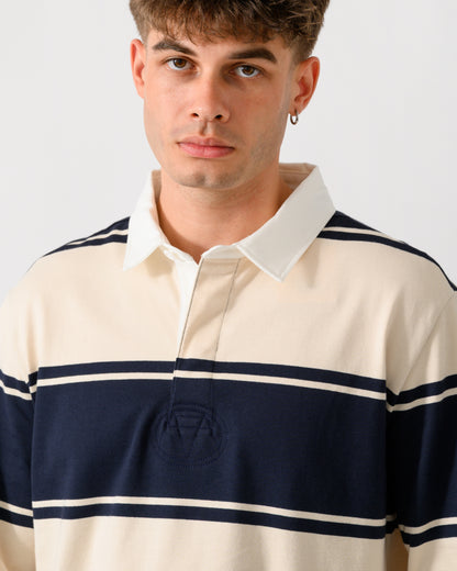 close up shot of a model wearing a GANT Mens Striped Rugger in 433 Evening Blue
