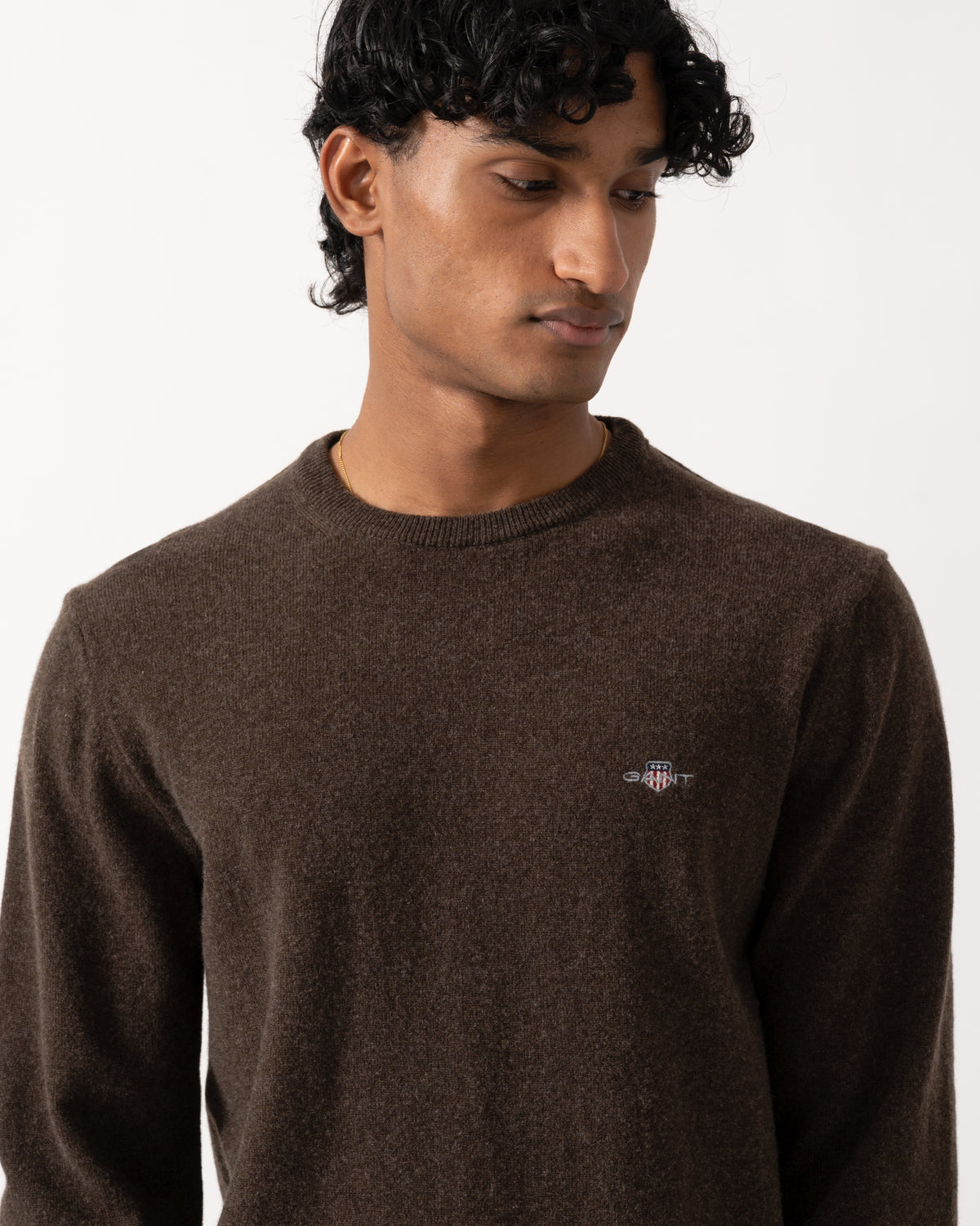 close up Studio photograph of a model wearing a GANT Mens Superfine Lambswool Crew Neck Sweater in 280 Dark Brown Melange