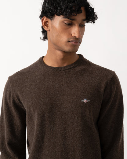 close up Studio photograph of a model wearing a GANT Mens Superfine Lambswool Crew Neck Sweater in 280 Dark Brown Melange
