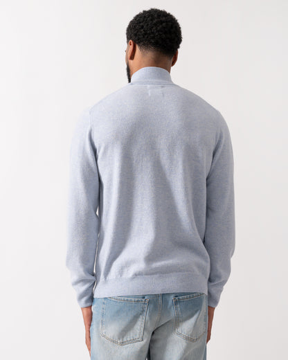 back of a model wearing a GANT Mens Superfine Lambswool Half Zip Cardigan in Ice Blue Melange