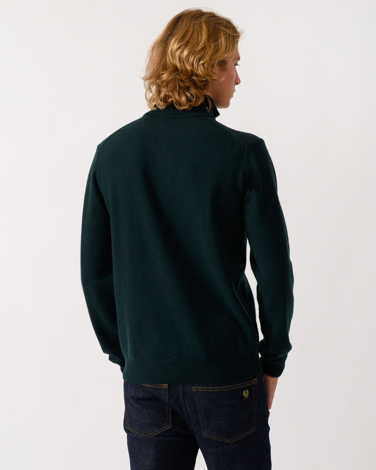 back of a model wearing a GANT Mens Superfine Lambswool Half Zip Sweater in 374 Tartan Green