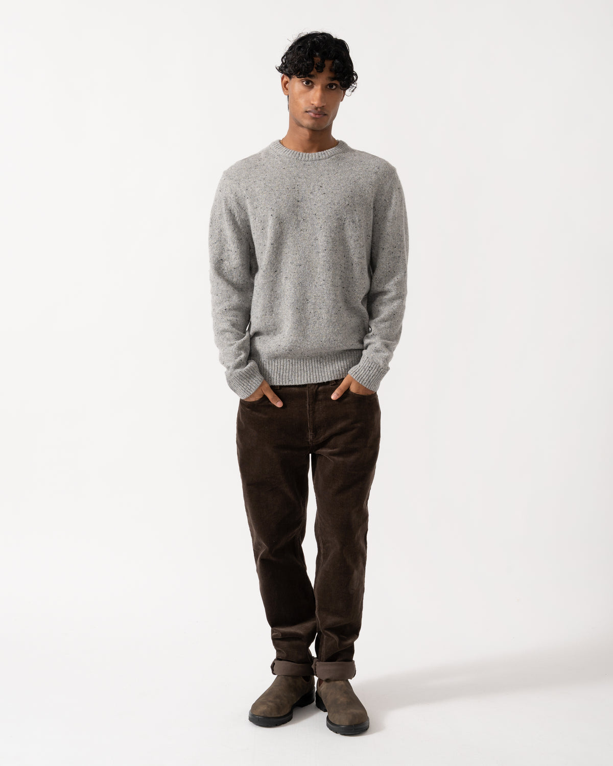 full length Studio photograph of a model wearing a GANT Mens Wool Blend Neps Crew Neck Sweater in 93 Grey Melange