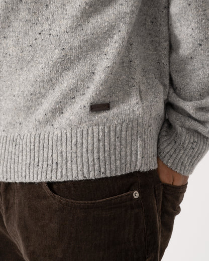 detail Studio photograph of a model wearing a GANT Mens Wool Blend Neps Crew Neck Sweater in 93 Grey Melange