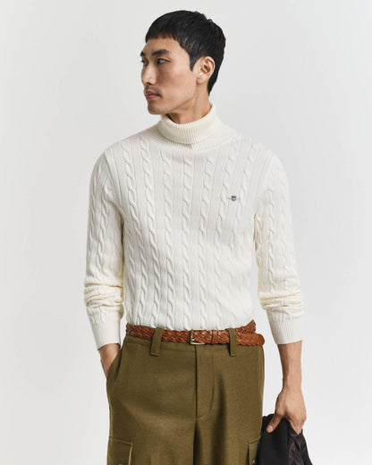 GANT Mens Cotton Cable Turtle Neck Sweater - 130 Cream, front