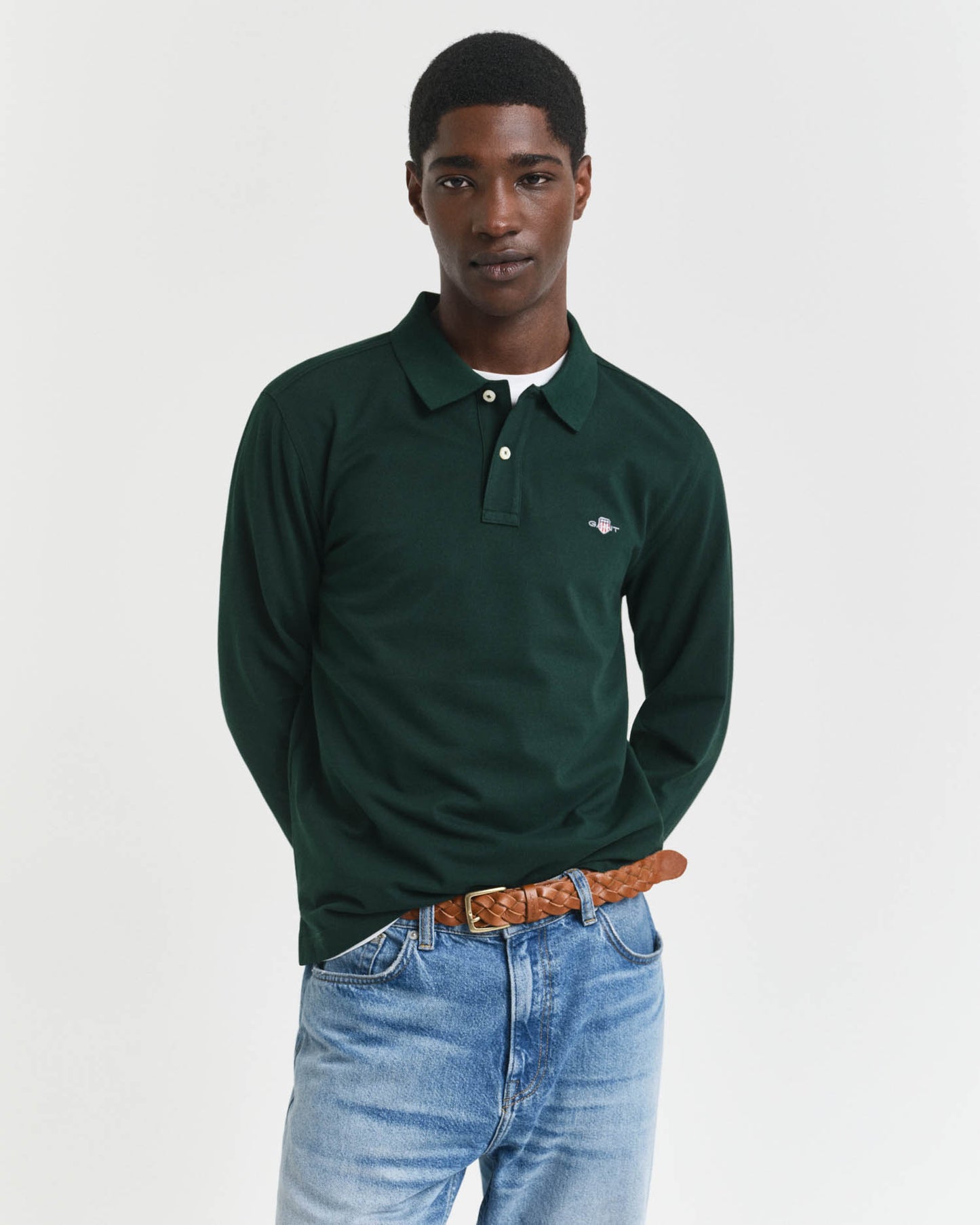 GANT Mens Regular Fit Long Sleeve Shield Logo Pique Rugger - 374 Tartan Green