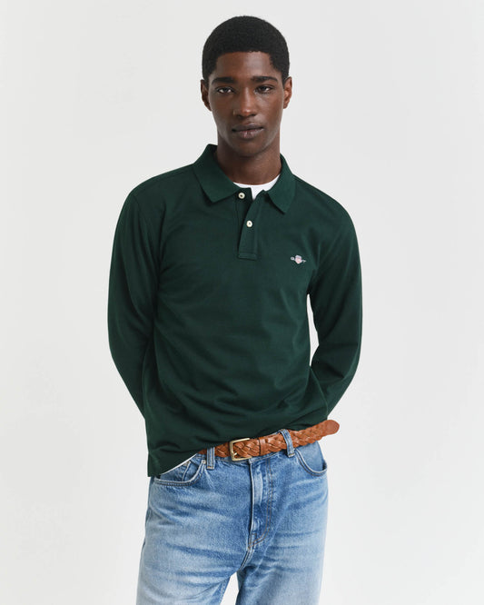GANT Mens Regular Fit Long Sleeve Shield Logo Pique Rugger - 374 Tartan Green