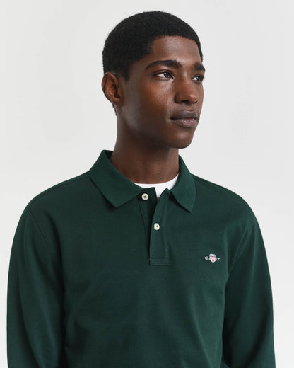GANT Mens Regular Fit Long Sleeve Shield Logo Pique Rugger - 374 Tartan Green