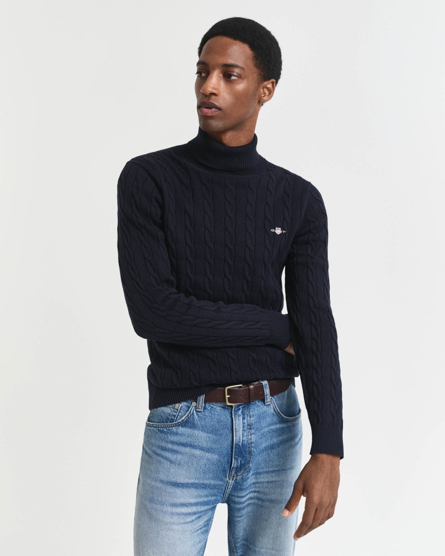 GANT Mens Cotton Cable Turtle Neck Sweater in 433 Evening Blue, front