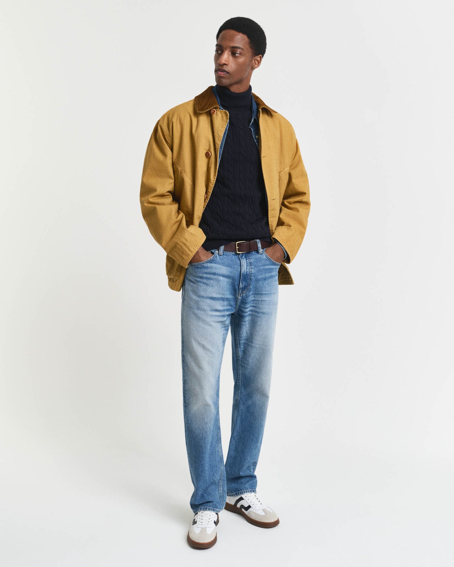 GANT Mens Cotton Cable Turtle Neck Sweater - 433 Evening Blue, full length with jacket