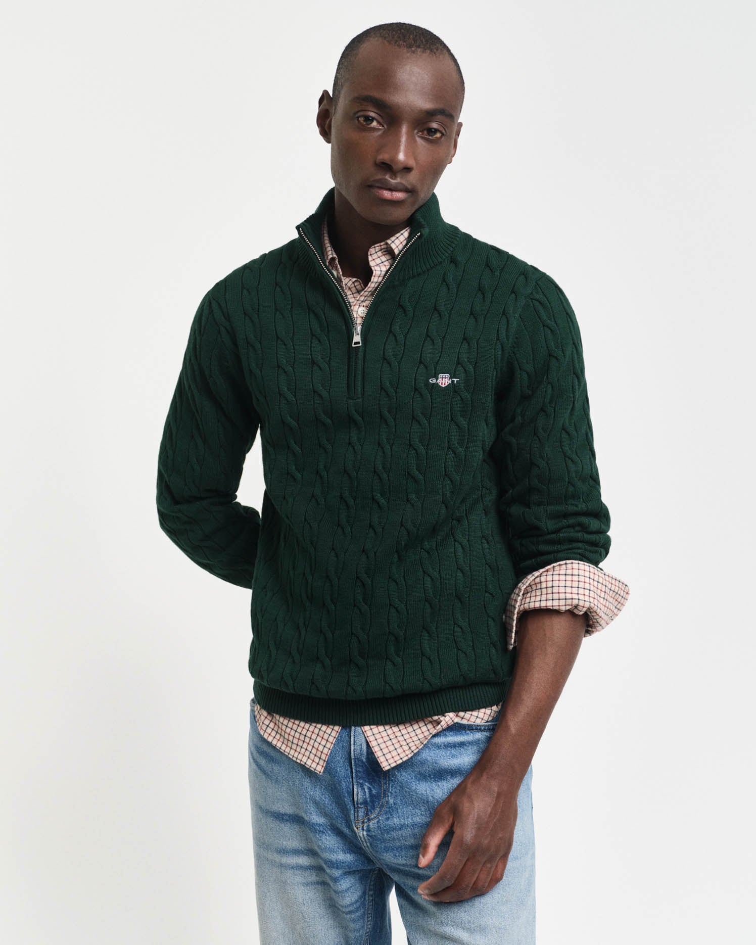 GANT Mens Cotton Cable Half Zip Jumper in 374 Tartan Green, front