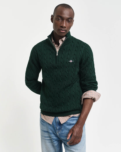 GANT Mens Cotton Cable Half Zip Jumper in 374 Tartan Green, front