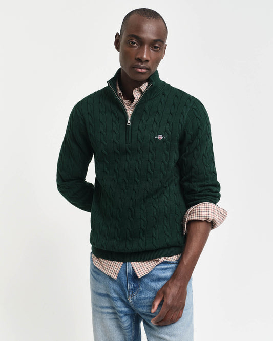 GANT Mens Cotton Cable Half Zip Jumper in 374 Tartan Green, front