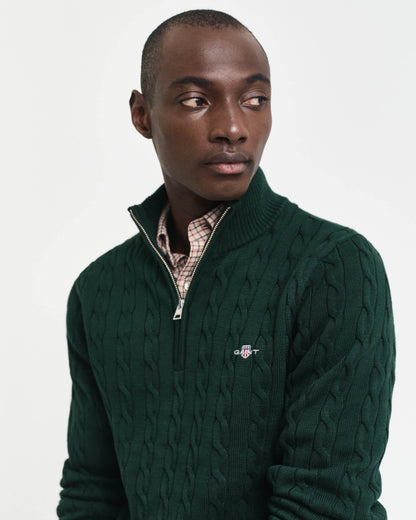 GANT Mens Cotton Cable Half Zip Jumper in 374 Tartan Green, detail