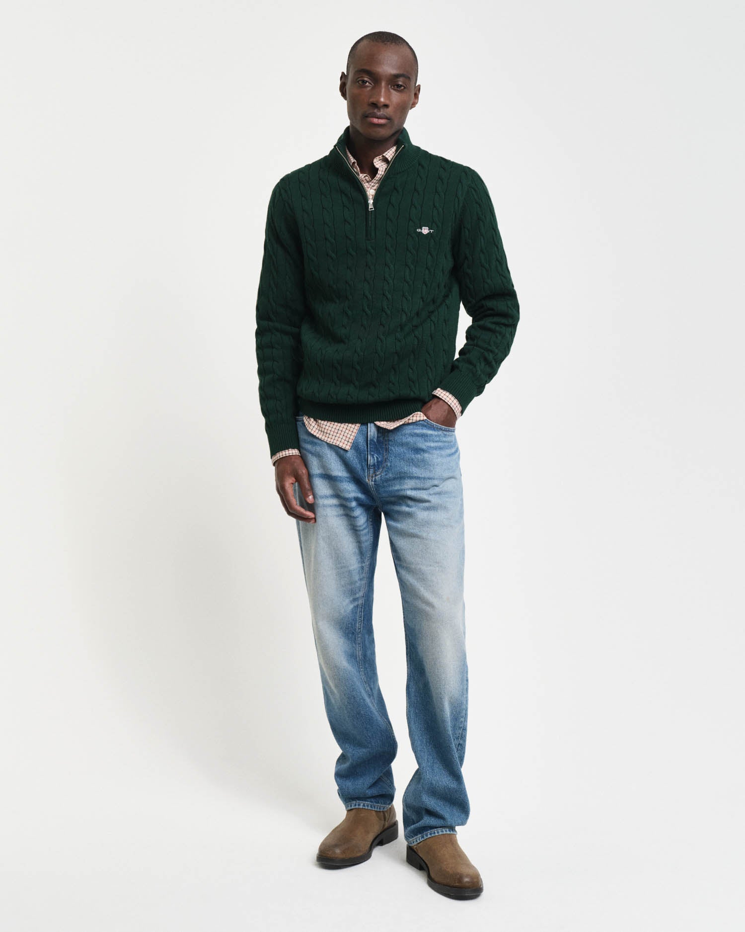 GANT Mens Cotton Cable Half Zip Jumper in 374 Tartan Green, full length