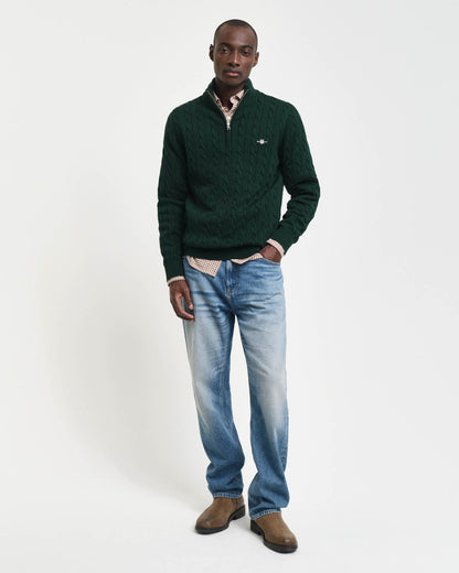 GANT Mens Cotton Cable Half Zip Jumper in 374 Tartan Green, full length