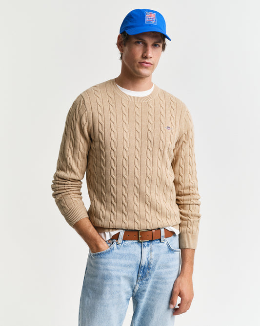 GANT Mens Cotton Cable Knit Crew Neck Jumper - 296 Khaki Mel