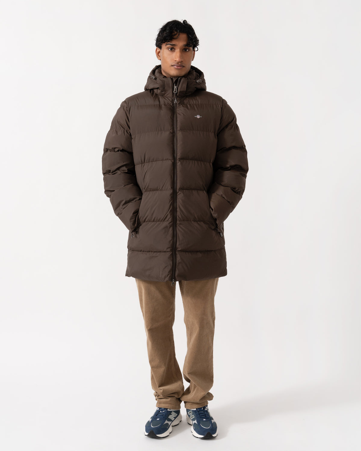 Model wearing the  GANT Active Cloud Mens Mid Length Jacket - 217 Black Brown