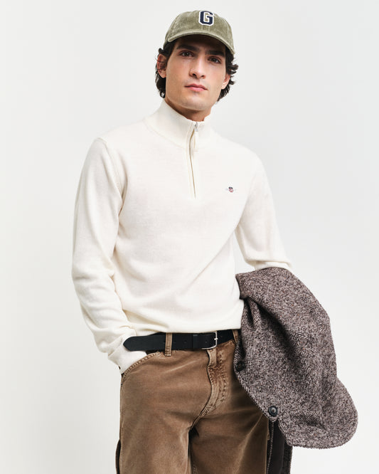GANT Mens Superfine Lambswool Half Zip Cardigan - 130 Cream