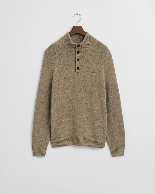 GANT Mens Wool Blend Neps Half Buttoned Jumper - 295 Dk. Sand Melange